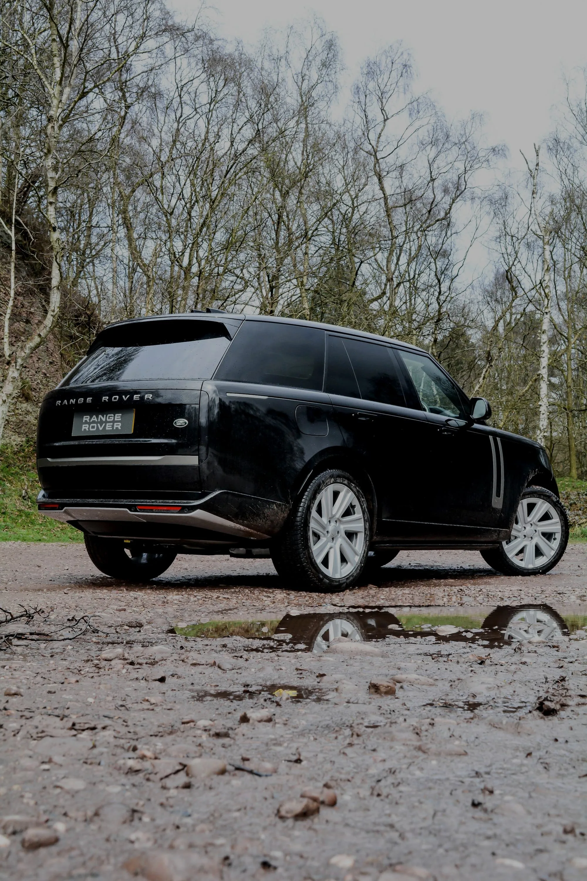 Black Range Rover from behind on a gravel track among bare trees