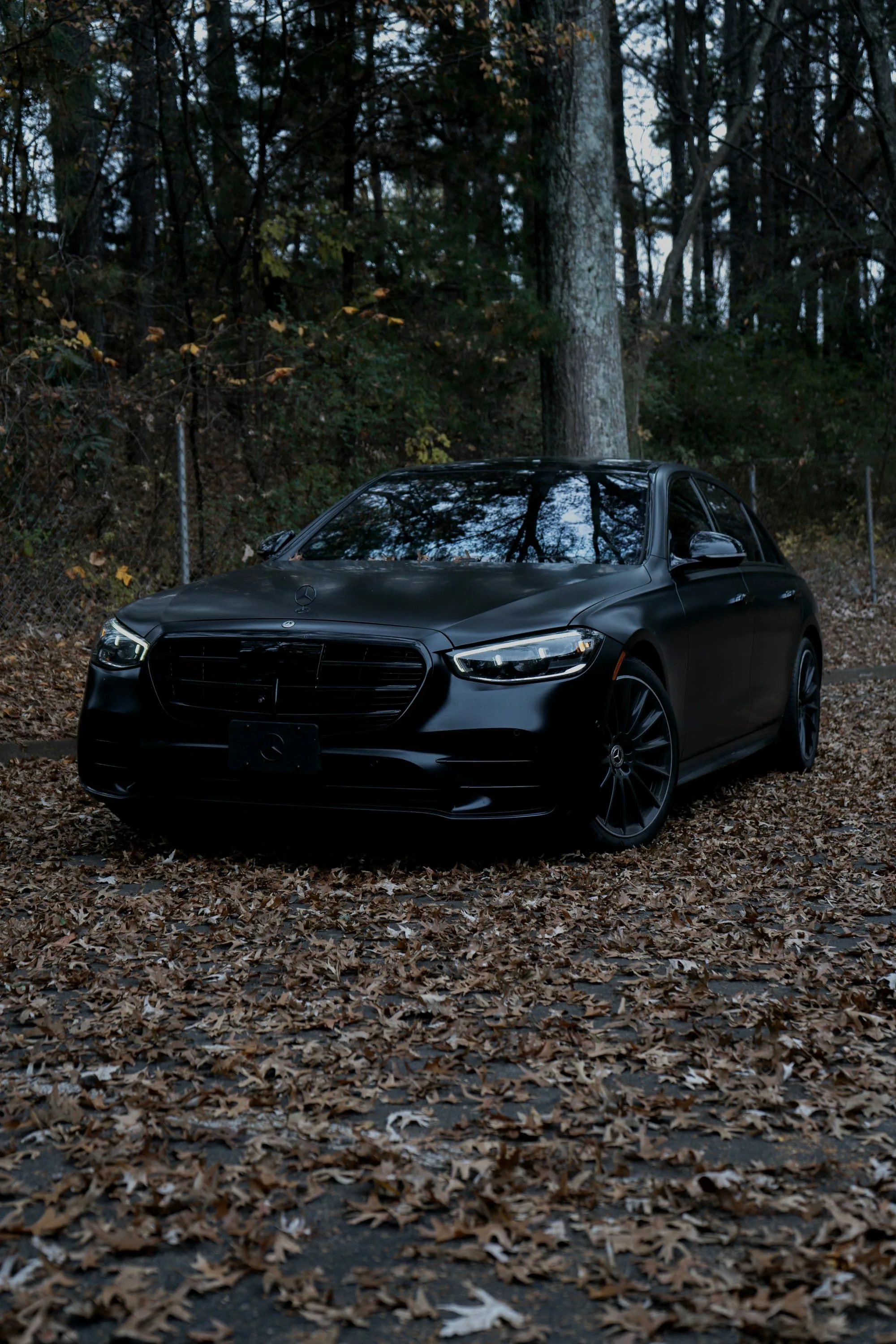 Matte black Mercedes-AMG S 63 on a road covered in fallen leaves