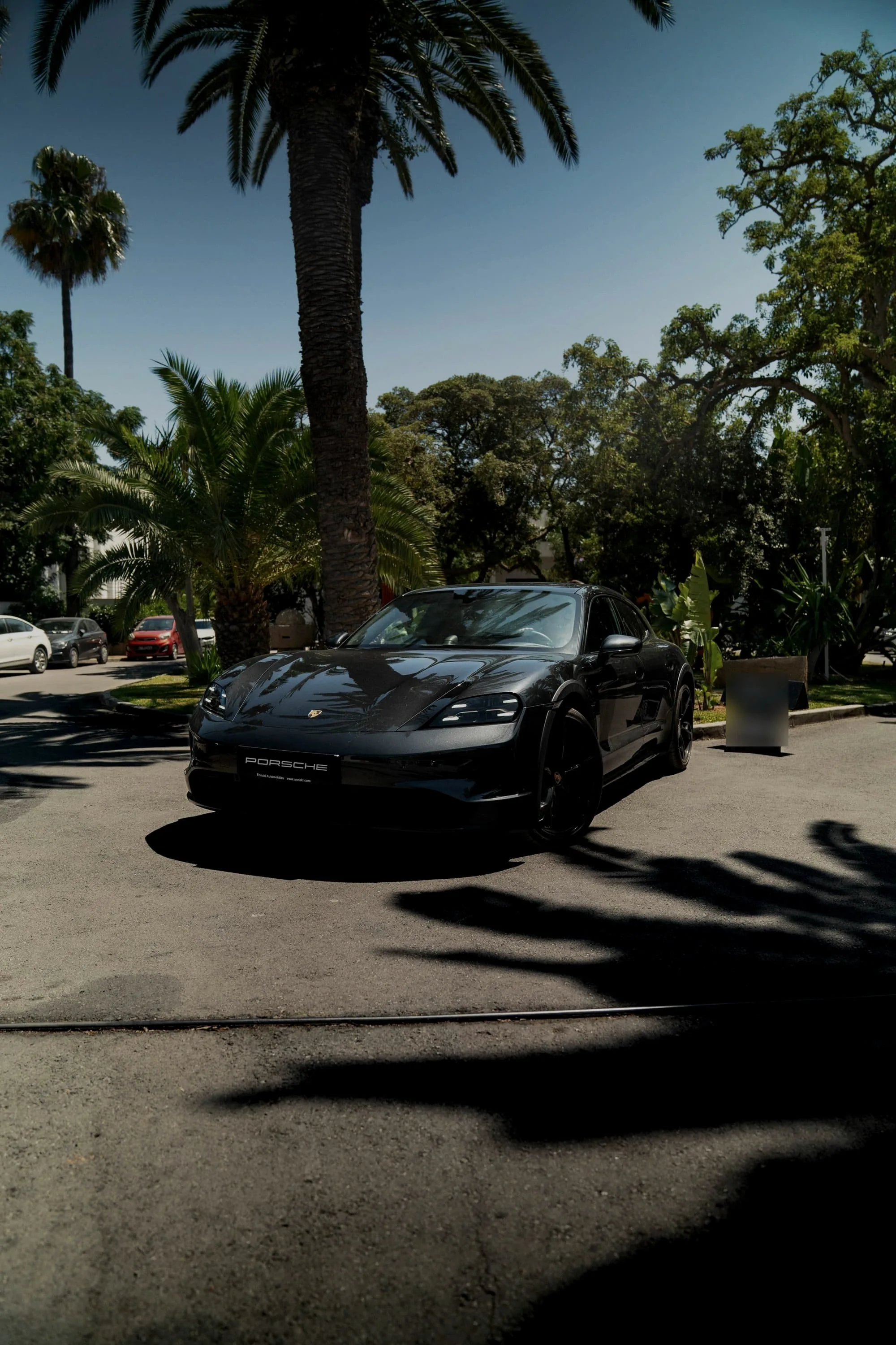 Dark grey Porsche Taycan Turbo S under palms with long shadows across the road